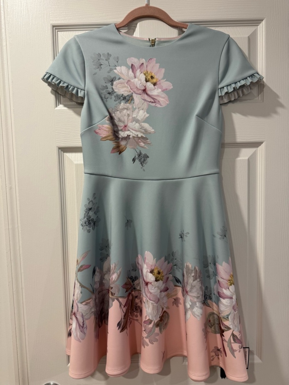 Ted Baker Light Blue and Blush Pink Floral Fit-and-Flare Dress